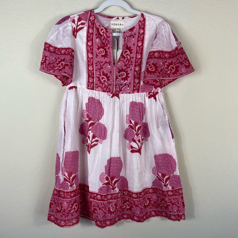 Sohana Block Print Cotton Floral Mini Dress Size XS NWT - Picture 3 of 12